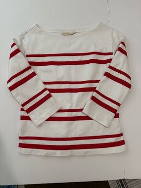 Tory Burch White Tee with Red Stripes, Bote Neck